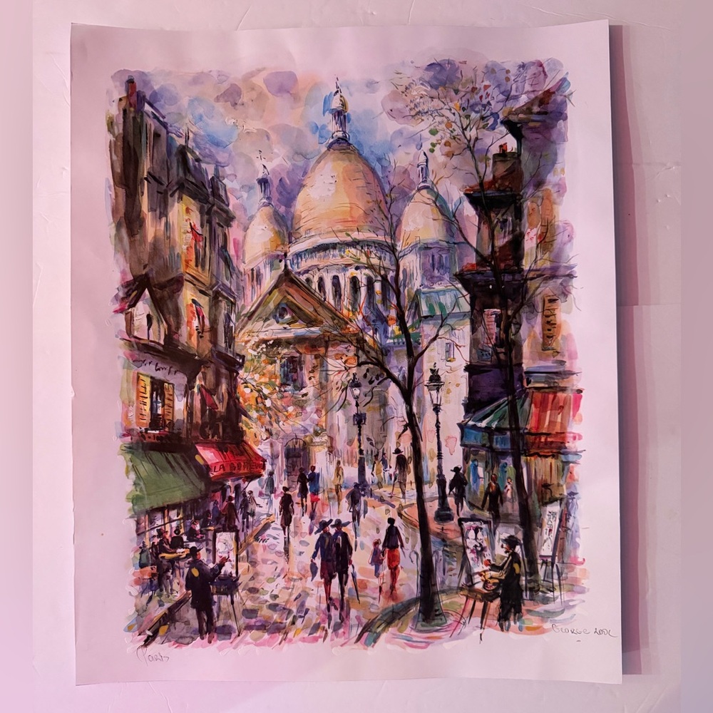 Vintage Wall Art PRINT OF MONTMARTRE PARIS FRANCE SIGNED 22.5”x19”